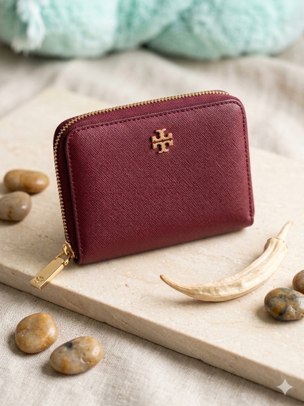 Tory Burch Wine Zip-Around Card Wallet with Gold Logo